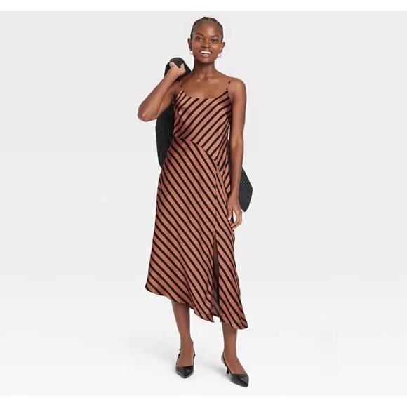Women's Midi Slip Dress - A New Day Brown Striped S - Picture 3 of 4
